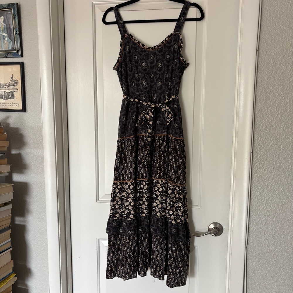 PAIGE Masala black floral printed tiered midi dress block print size small